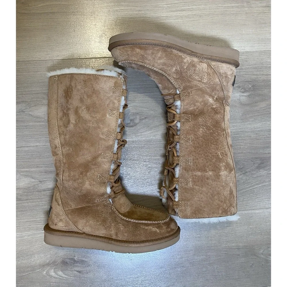 UGG Appalachin Suede Shearling Lace Up Knee High Boots Brown Women's US 7